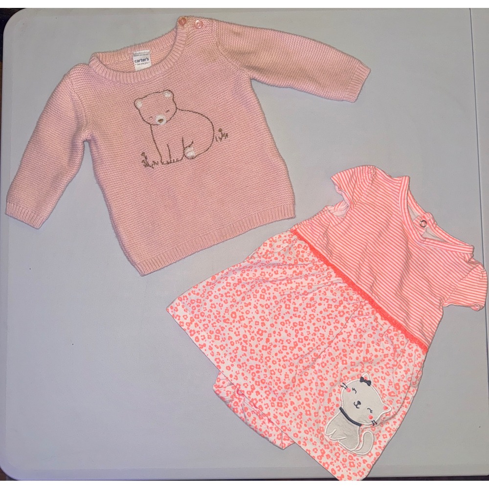 Carter's Sweater and Bodysuit Dress Set Baby Girls 3M Pink Coral Bear Kitty - Picture 2 of 11